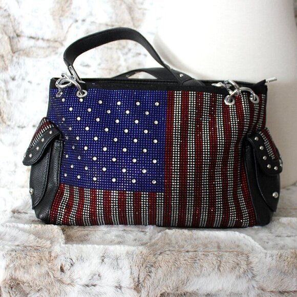 American Flag Red White Blue Rhinestone Bling Black Hobo Patriotic Handbag Bag - Picture 6 of 11
